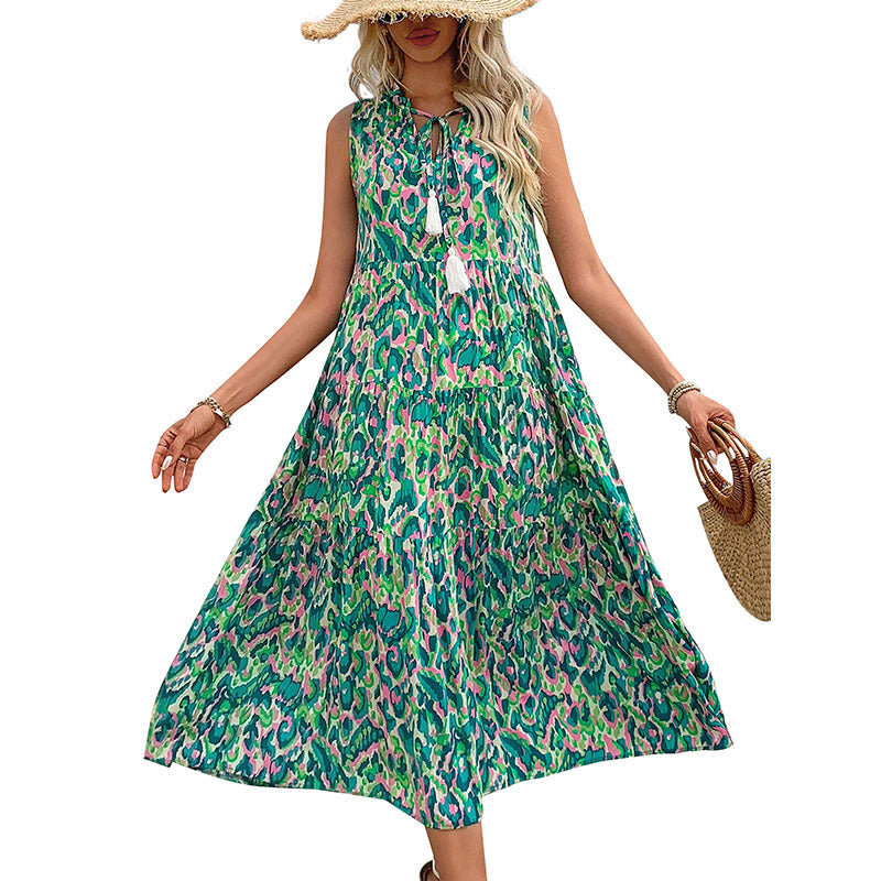 Women's Bohemian Sleeveless Tassel Tie-Dye Maxi Dress Casual Sundress