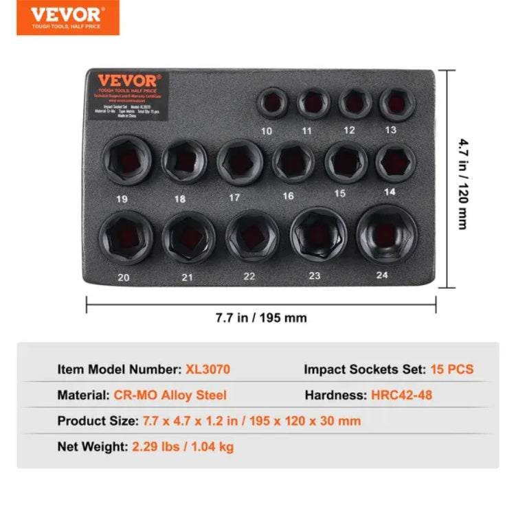VEVOR Impact Sockets Set 15pcs 6-Point 3 8 Drive Bit Ratchet Tool Kit Case