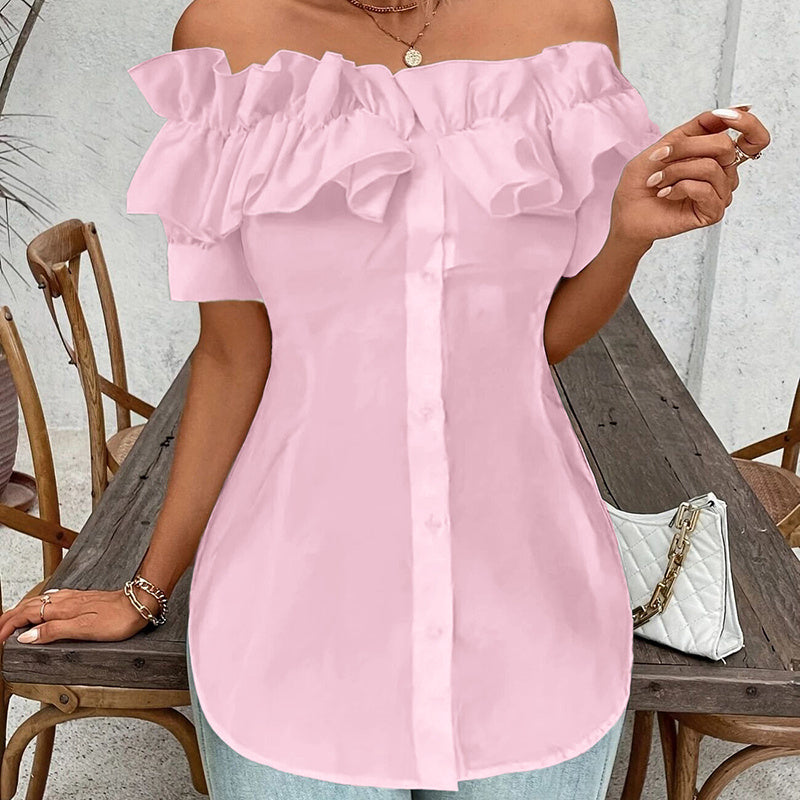 Women's Solid Color Off-Shoulder Ruffled Blouse - Waist Button-Down Shirt