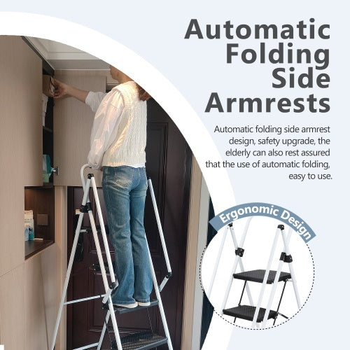 White Four-step Ladder, Light Folding Four-step Stool, Wide Anti-skid Pedal And Safety Handle, Strong Steel Ladder, Multi-purpose Ladder, Applicable To Family, Kitchen, Office Elevator