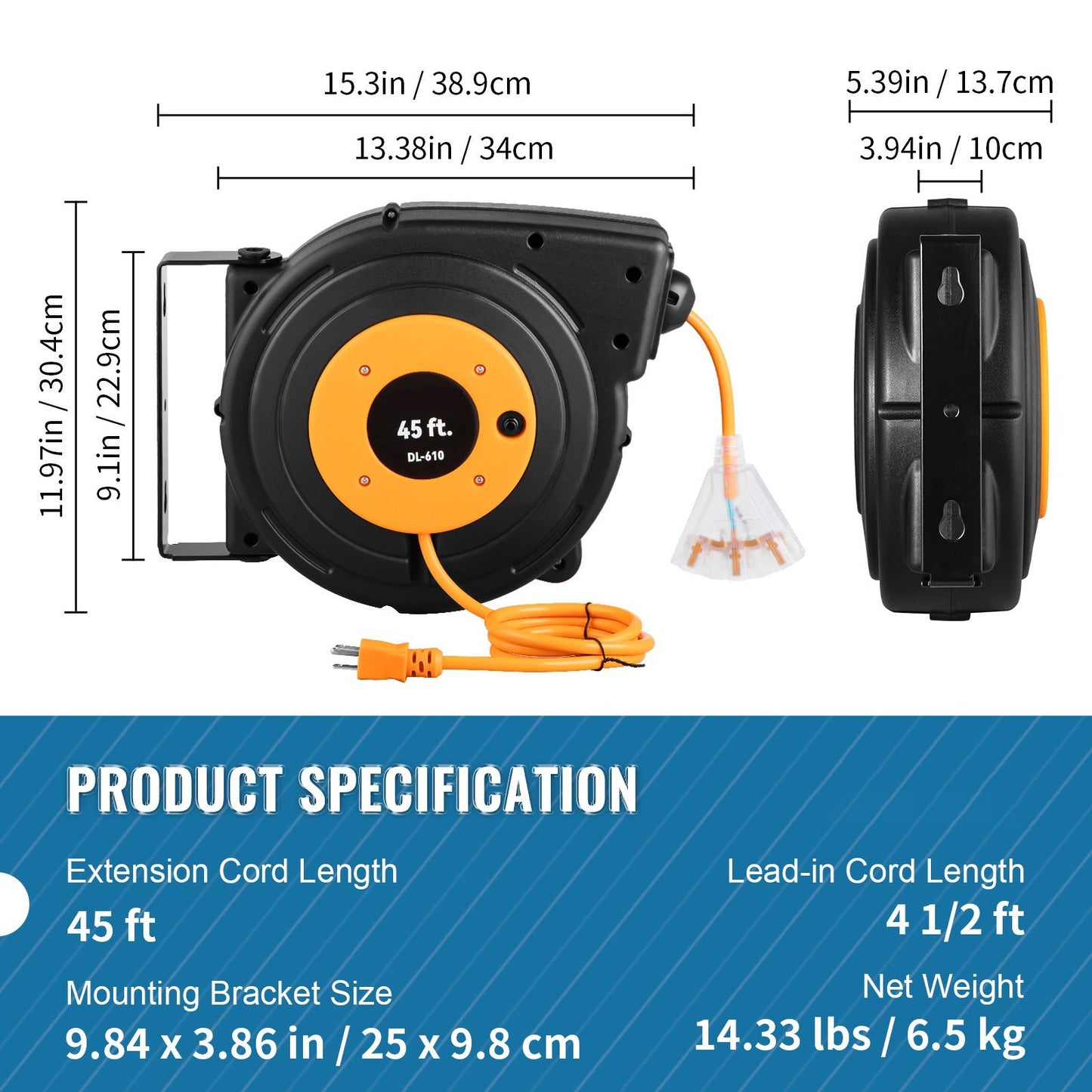 VEVOR Retractable Extension Reel, Heavy Duty 12AWG 3C SJTOW Power Cord 45 FT 12AWG, Black