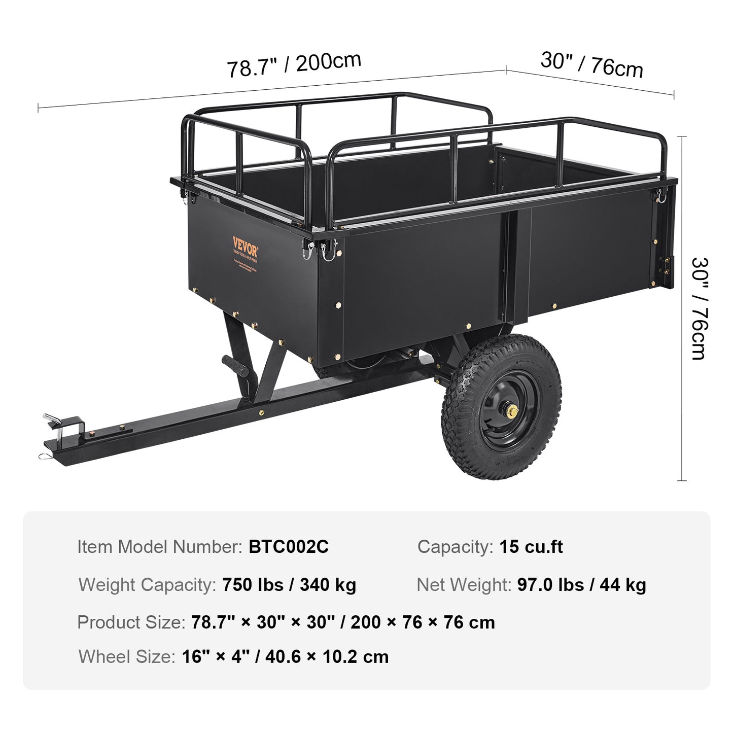 VEVOR Heavy Duty ATV Trailer Steel Dump Cart, 750-Pound 15 Cubic Feet, Garden Utility Trailer With Removable Sides For Riding Lawn Mower Tractor