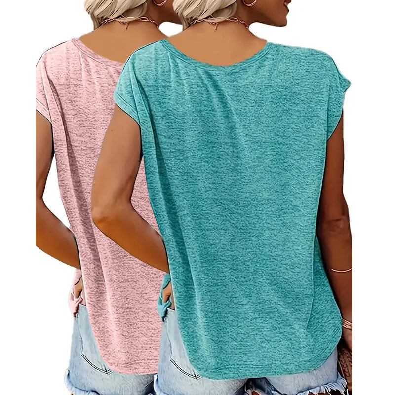 2-Pack Women's V-Neck Graphic Print Tees - Summer Casual Short Sleeve Tops