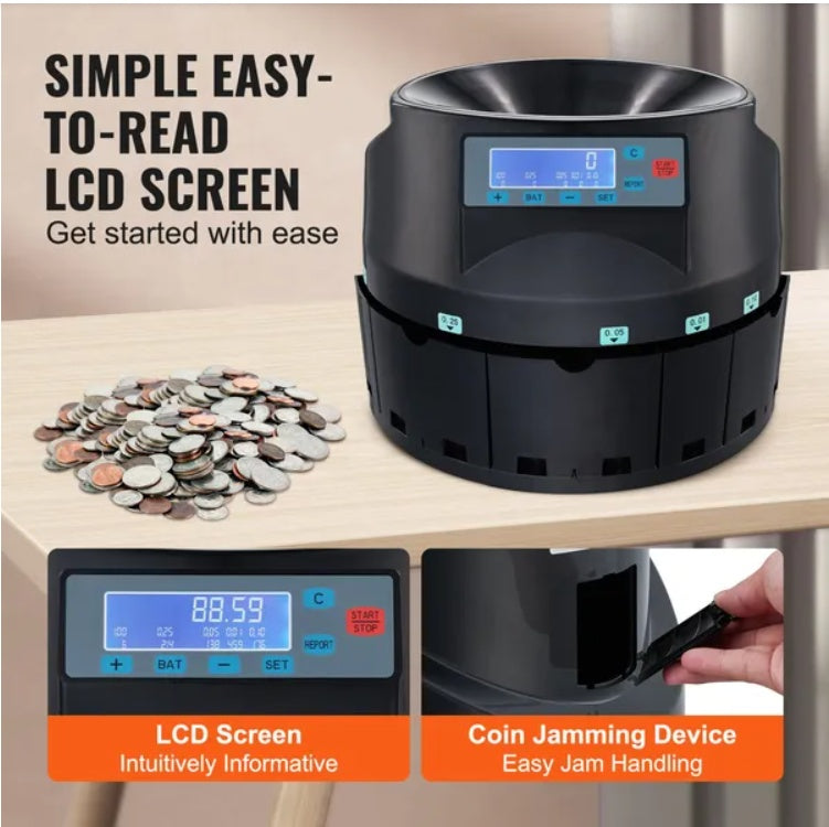 VEVOR USD Coin Sorter Coin Counter Wrapper And Roller 300 Coins Min LCD Display