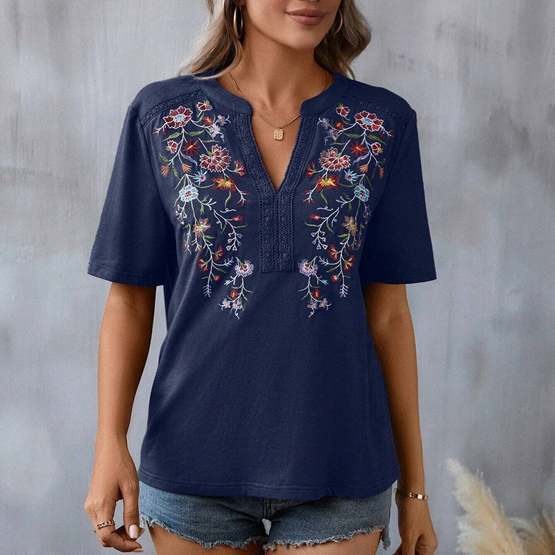 Women's Elegant V-Neck Floral Embroidery Lace Trim Short Sleeve Blouse Casual Top