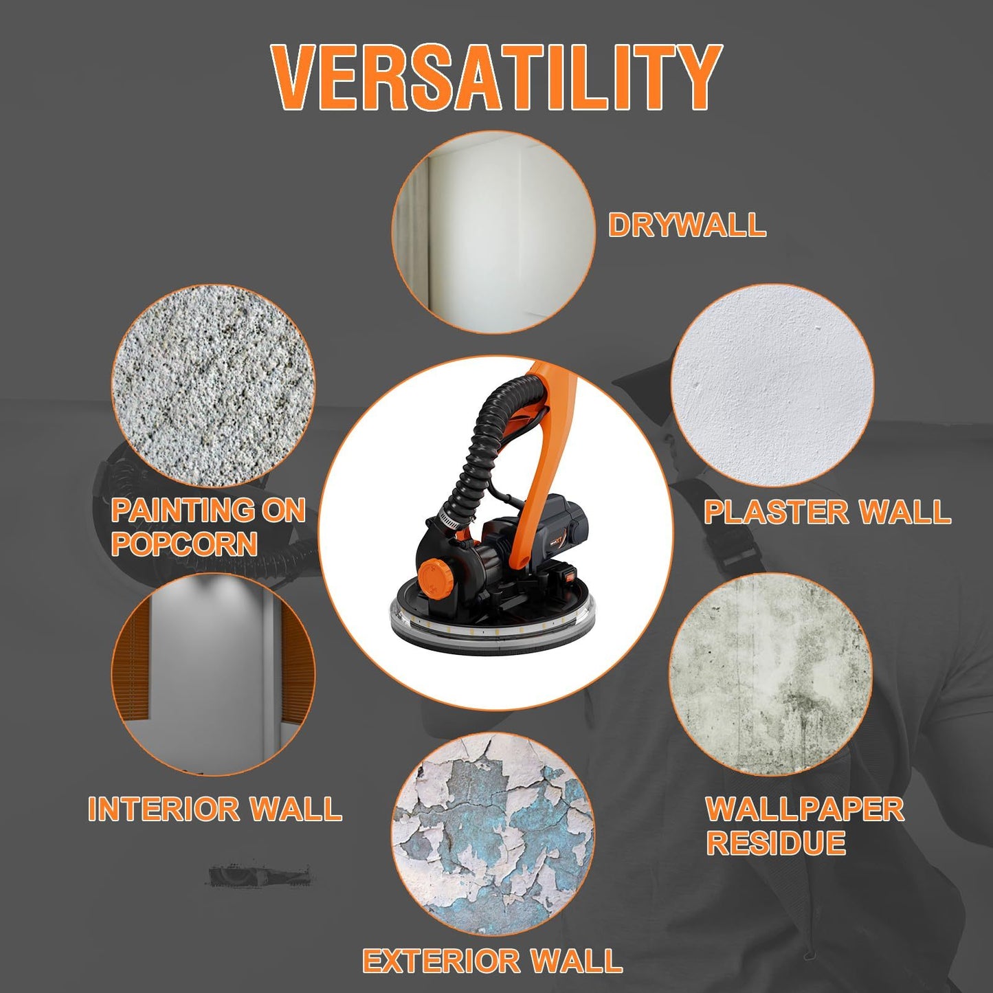 Drywall Sander With Vacuum Dust Collection, 6 Variable Speed Foldable Telescopic Electric Wall Sander, Popcorn Ceiling Removal Tool, 1900RPM Power Sander Tool, LED Light, 18Pcs Sanding Discs