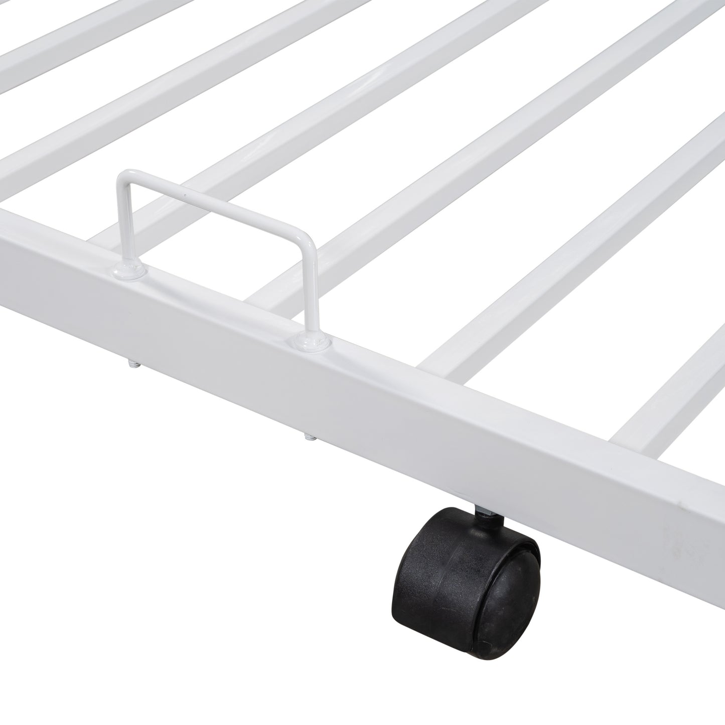 Metal Double Bunk Bed With Rollers Heavy Duty Sturdy Metal Noise Reduction Safety Barrier Wood Trim