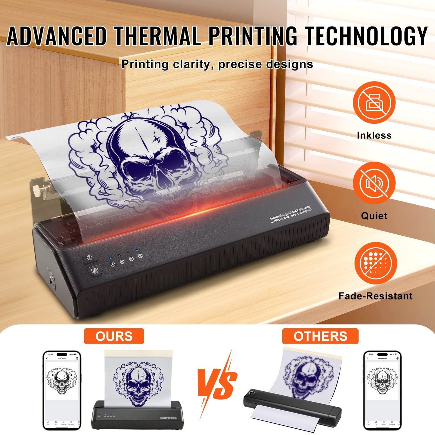 VEVOR Tattoo Stencil Printer, Wireless Bluetooth Tattoo Printer Transfer Stencil Machine With 10Pcs Transfer Paper, Compatible For IOS Android Phone, IPad PC