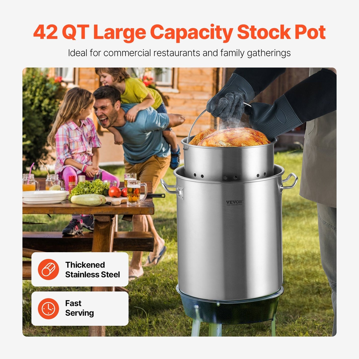 VEVOR Stainless Steel Stockpot, 42 Quart Large Cooking Pots, Cookware Sauce Pot With Strainer, Lid, And Handle, Heavy Duty Commercial Grade Stock Pot, Sanding Treatment, For Large Groups Events Silver