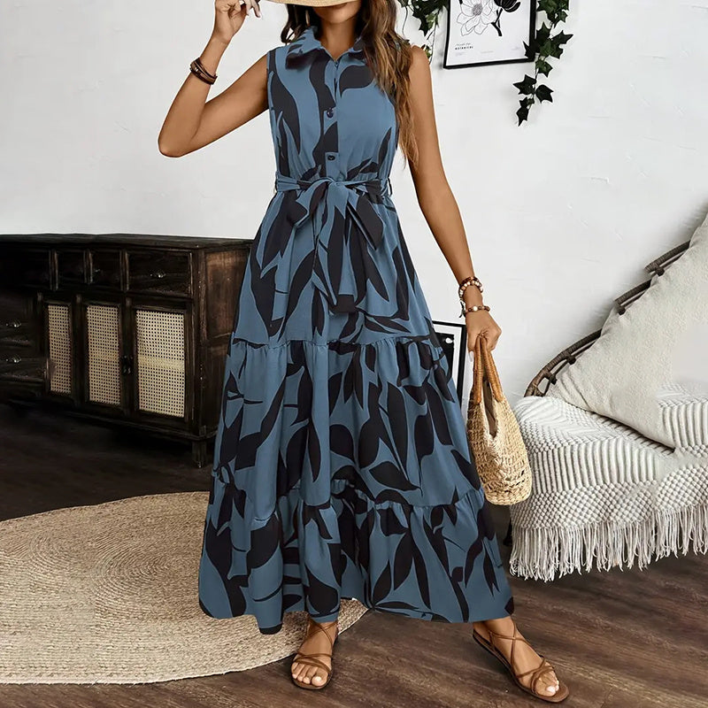 Sleeveless Boho Floral Maxi Dress Summer Button Shirt V Neck Flowy Belted Dresses