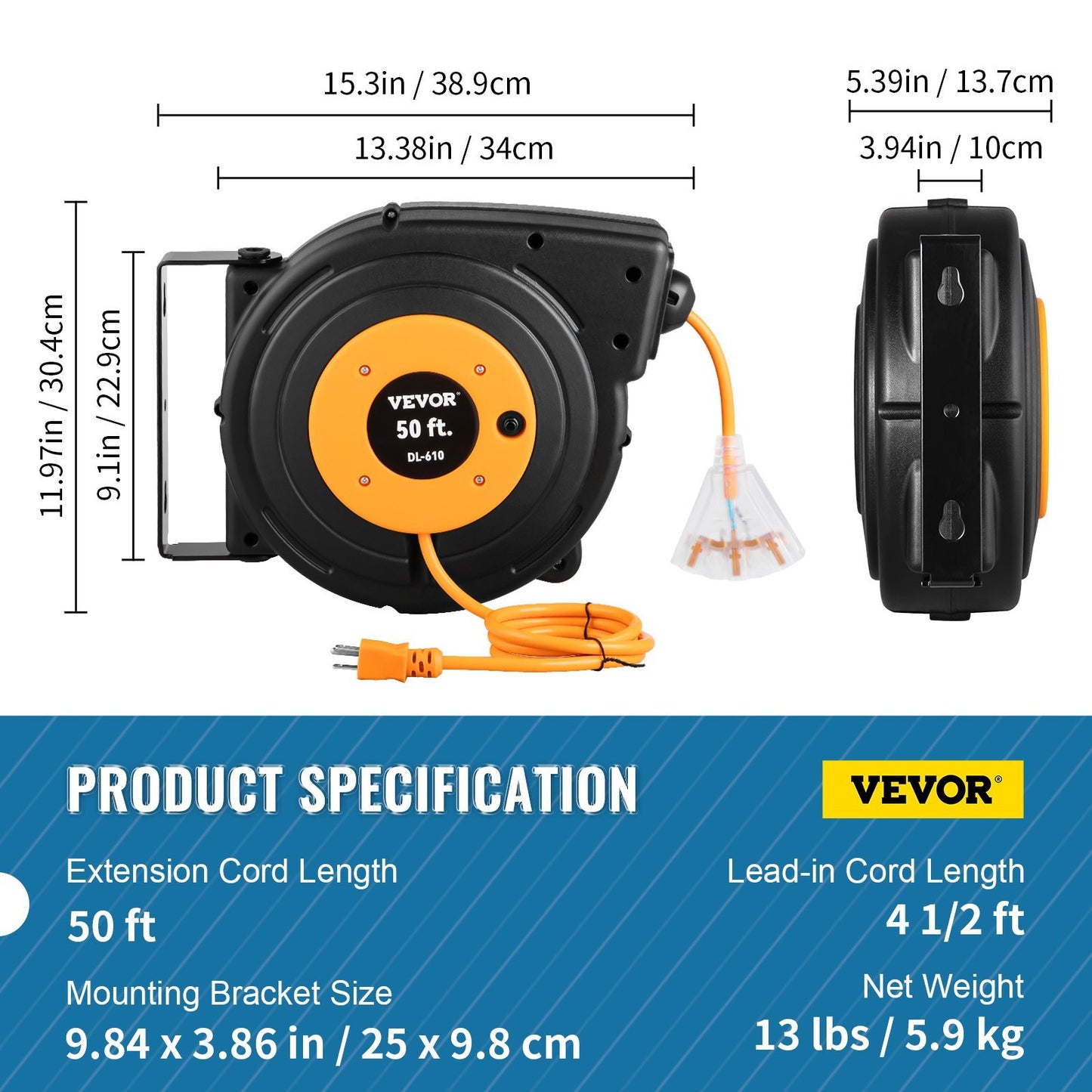 VEVOR 50ft Retractable Extension Cord Reel 14AWG 3CSJTOW Power Cord Reel