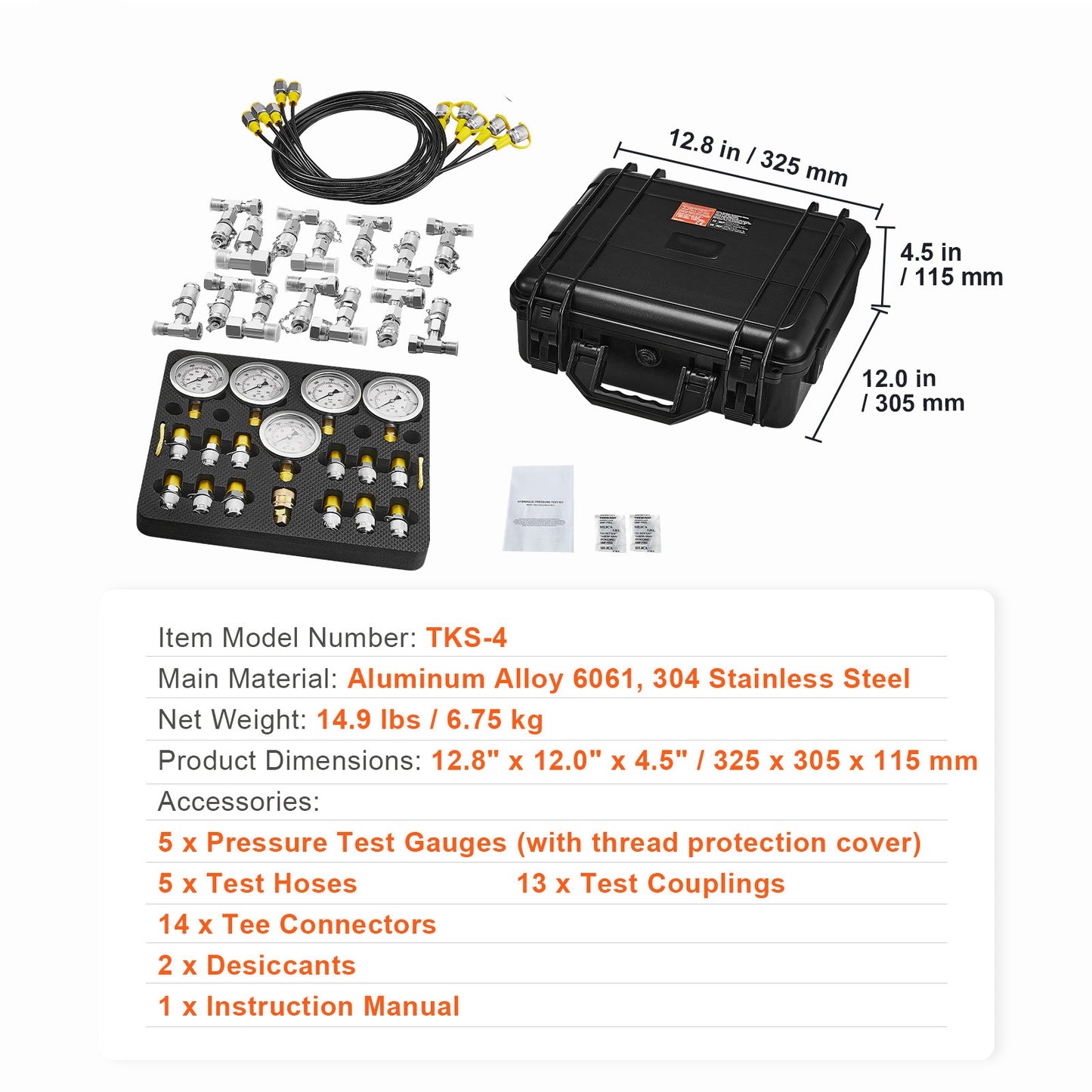 VEVOR Hydraulic Pressure Test Kit, 5 Gauges 13 Couplings 14 Tee Connectors 5 Test Hoses, Excavator Hydraulic Test Gauge Set With Carrying Case For Excavator Tractors Machinery