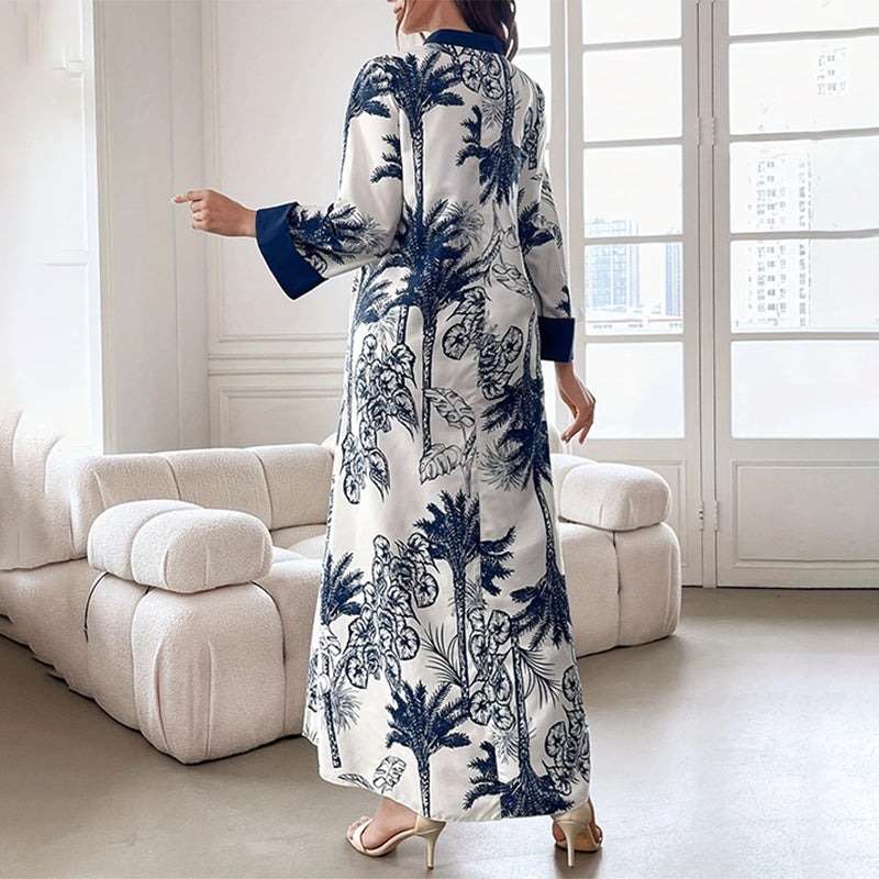 Women's Plus Size Elegant Floral Ink Painting Casual Tunic Dress Notched V Neck Long Sleeve Maxi