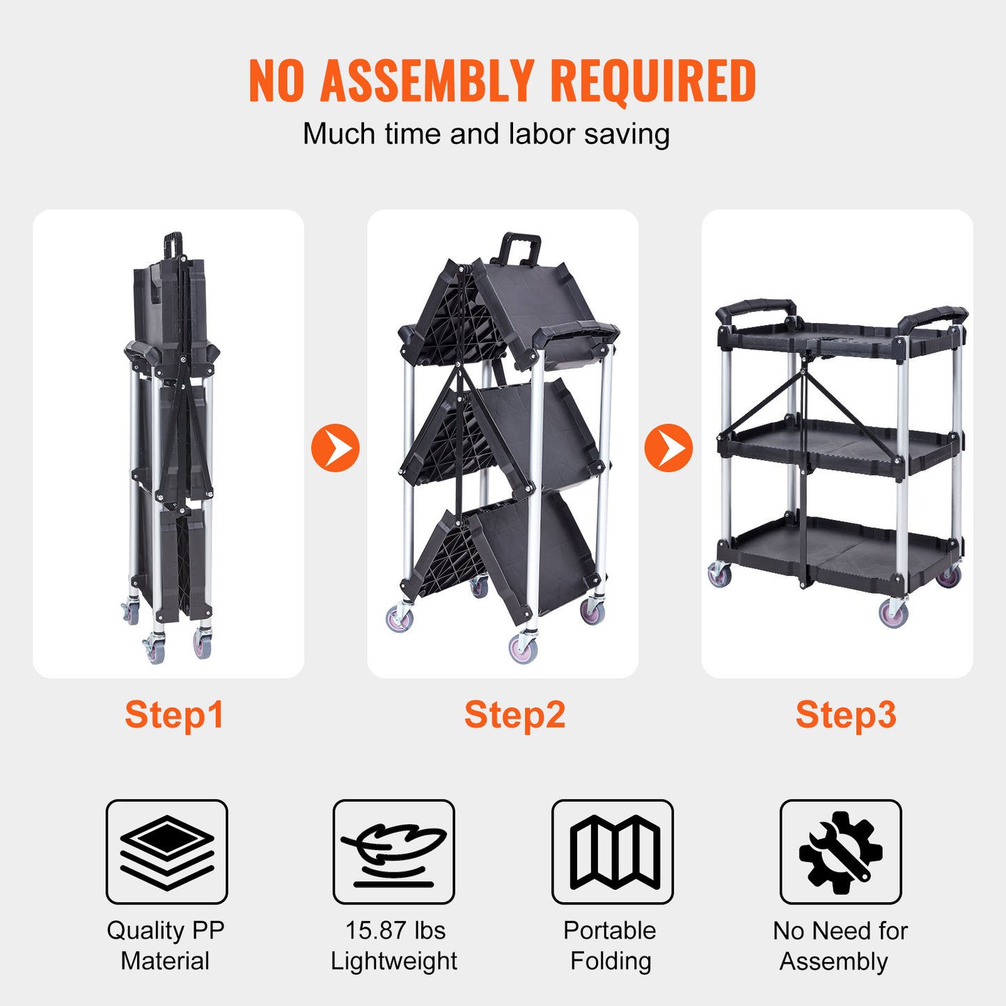 VEVOR Foldable Utility Service Cart, 3 Shelf 165LBS Heavy Duty Plastic Rolling Cart With Lockable Wheels, Ergonomic Handle, Portable Garage Tool Cart