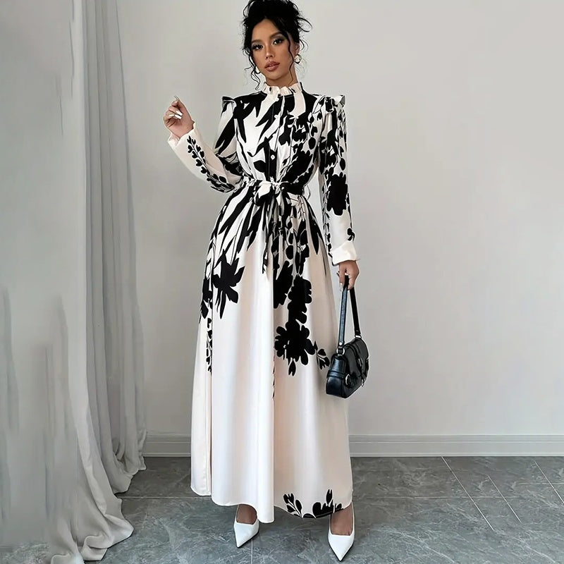 Women's Floral Print Long Sleeve Maxi - Stand Collar A-Line Dress With Waist Detail, Lantern Sleeves & Ruffle Hem