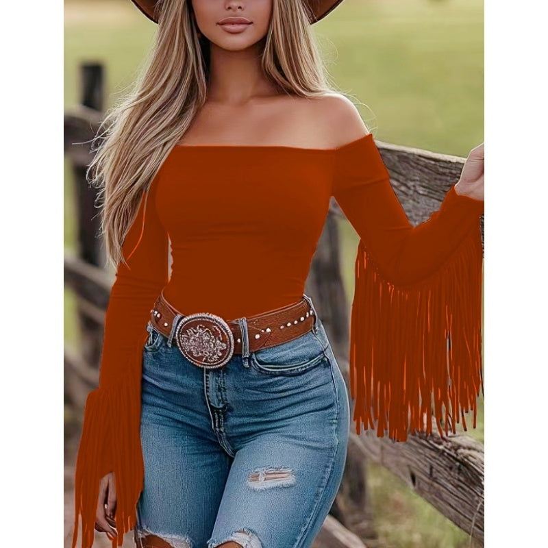 Women's Western Cowgirl Off-Shoulder Fringe Top, Slim Fitted Long Sleeve Tassel Blouse