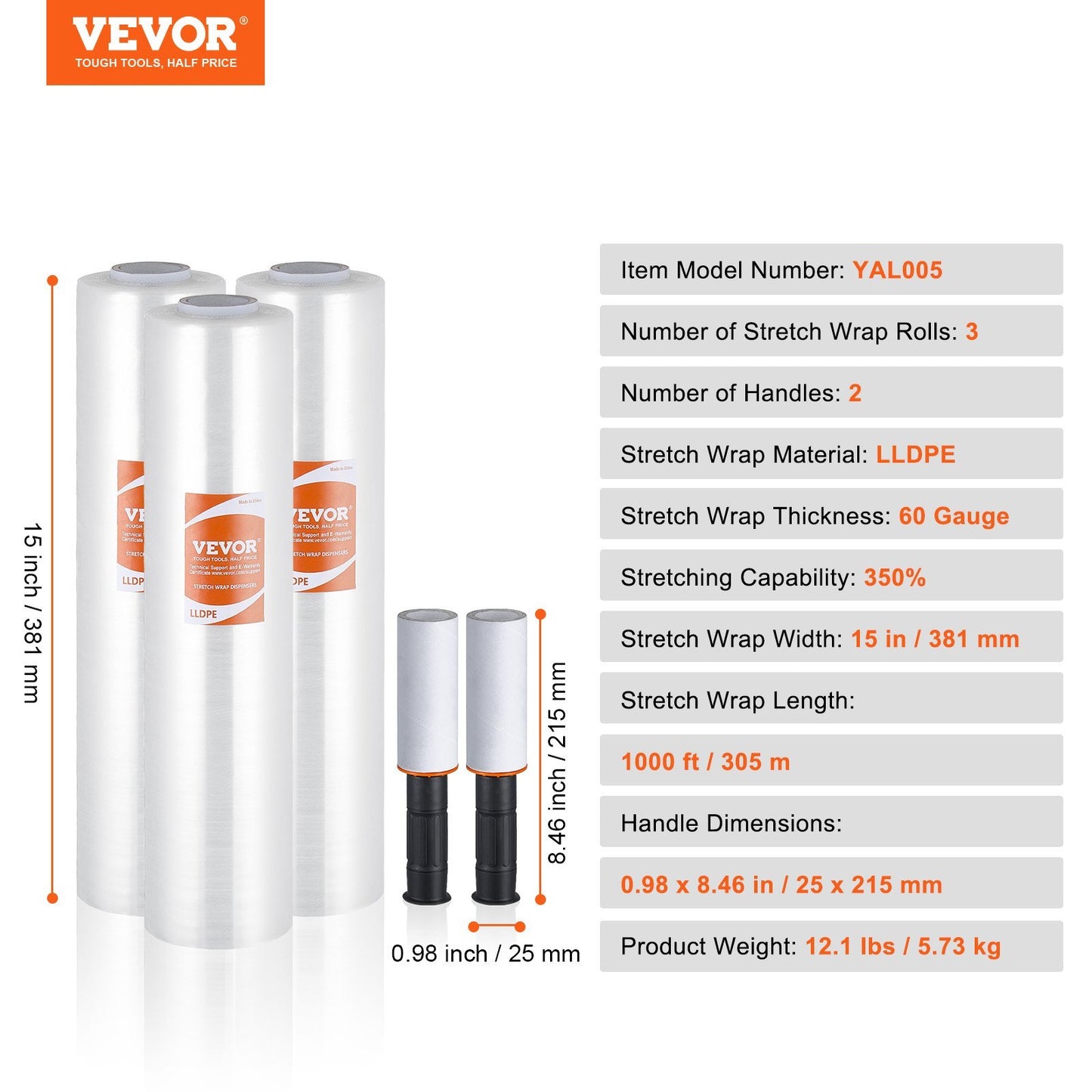 VEVOR Stretch Film, 15 InchesX1000 Feet, 3 Pack, 60 Gauge Industrial Strength Clear Durable Stretch Wrap Roll, Heavy Duty Shrink Film Stretch Wrap With Handles For Pallet Wrapping Shipping Moving