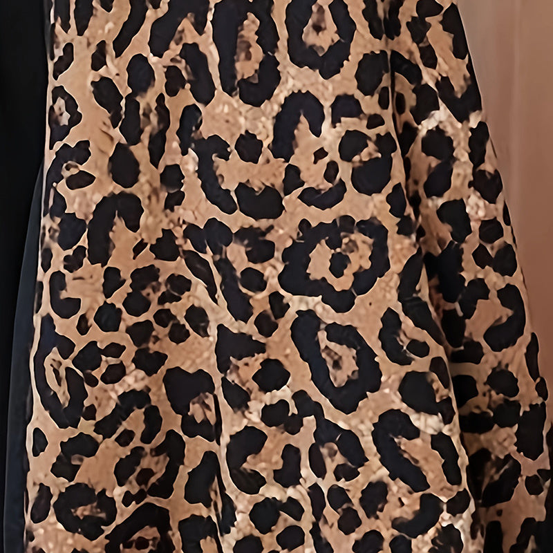 Women's Leopard Print Maxi Dress Color Block Long Sleeve Dress Casual Summer