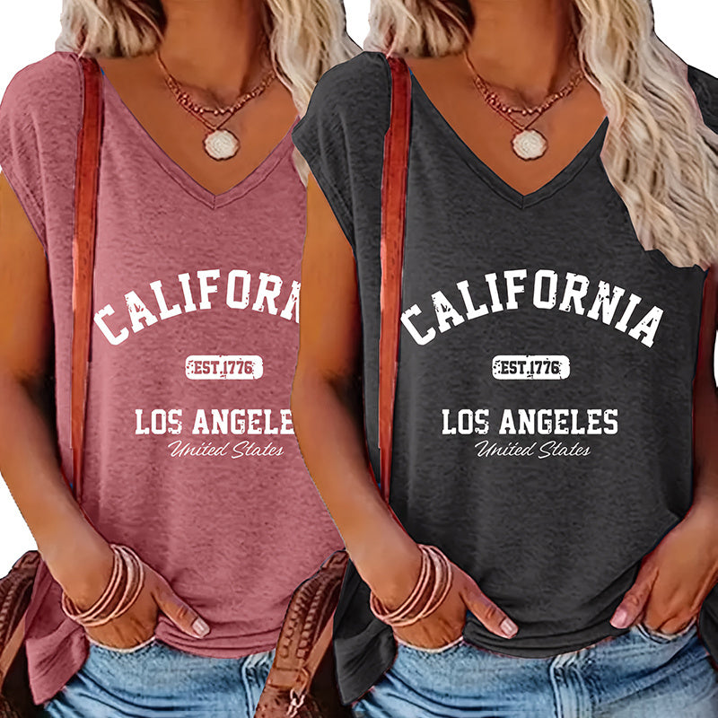 Women's 2 Pack Summer Letter Graphic Printed V Neck Short Sleeve T-Shirt
