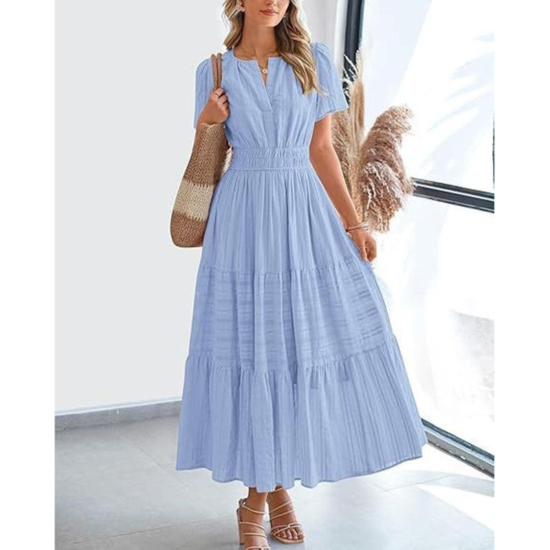Summer Short Sleeve V Neck Swing Dress Flowy Pleated Tiered Maxi Beach Sundress