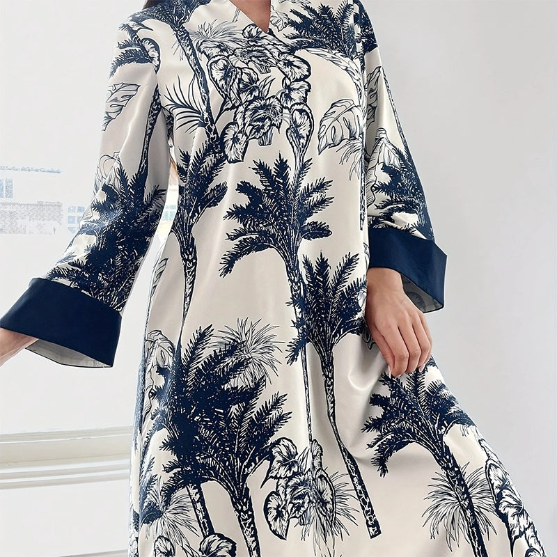 Women's Plus Size Elegant Floral Ink Painting Casual Tunic Dress Notched V Neck Long Sleeve Maxi
