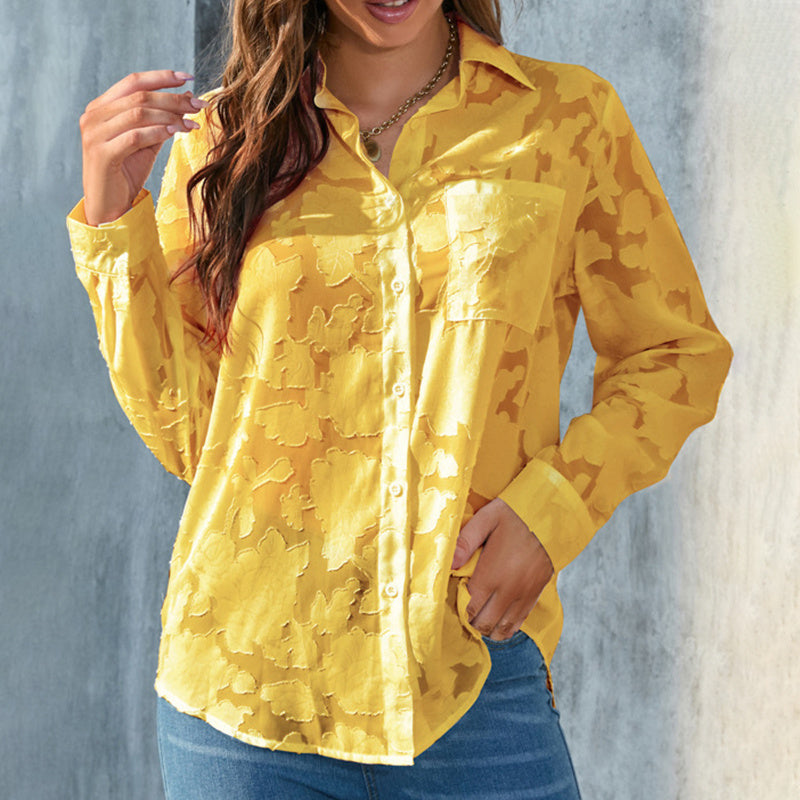 Women's Casual Sheer Button Down Shirt Long Sleeve V Neck Jacquard Blouse Top