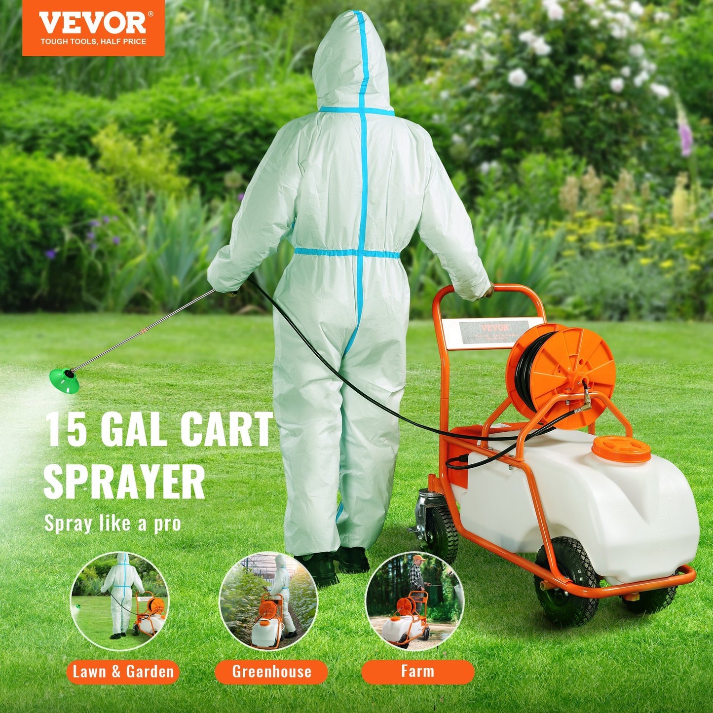 VEVOR Battery Powered Lawn Sprayer On Wheel, 0-90 PSI Adjustable Pressure, 15 Gallon Tank, Cart Sprayer With 8 Nozzles And 2 Wands, 12V 12Ah Battery, Wide Mouth Lid For Weeding, Spraying
