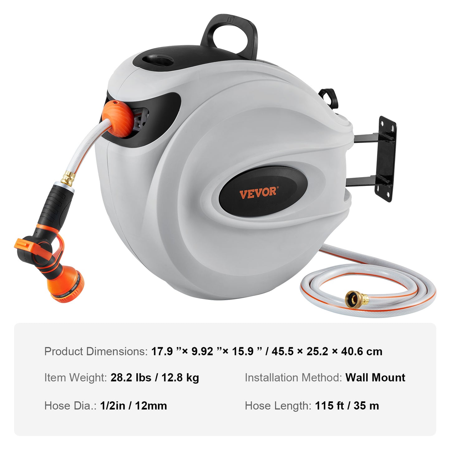 VEVOR Retractable Hose Reel Water Hose Reel Swivel Wall-Mounted