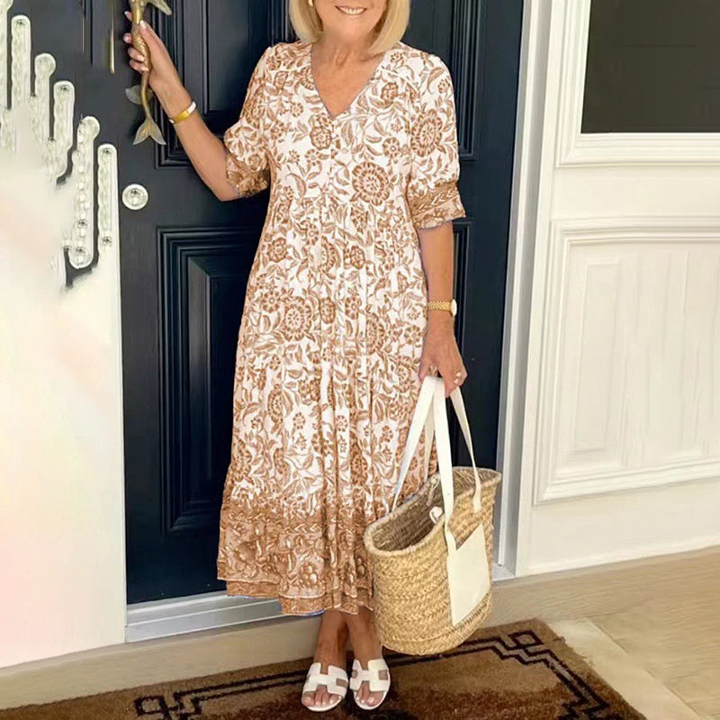 Women's Plus Size V-Neck Floral Print Dress - Loose Fit Casual