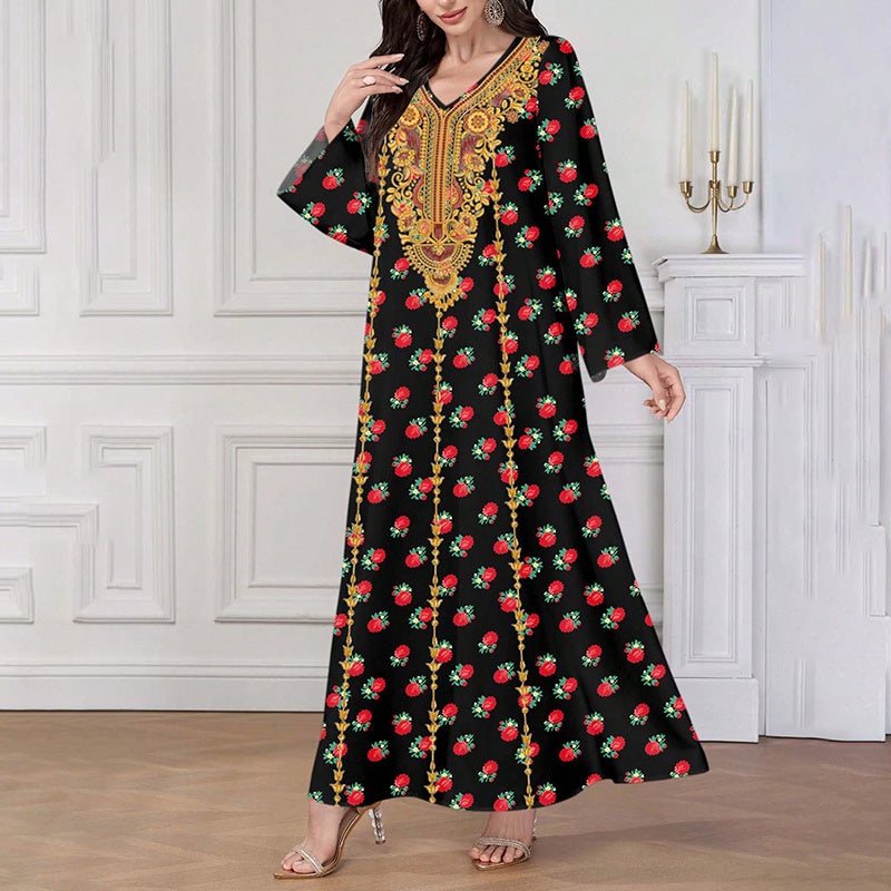 Women's Plus Size Ethnic Maxi Dress - Bohemian Embroidered Floral Print V-Neck Retro Long