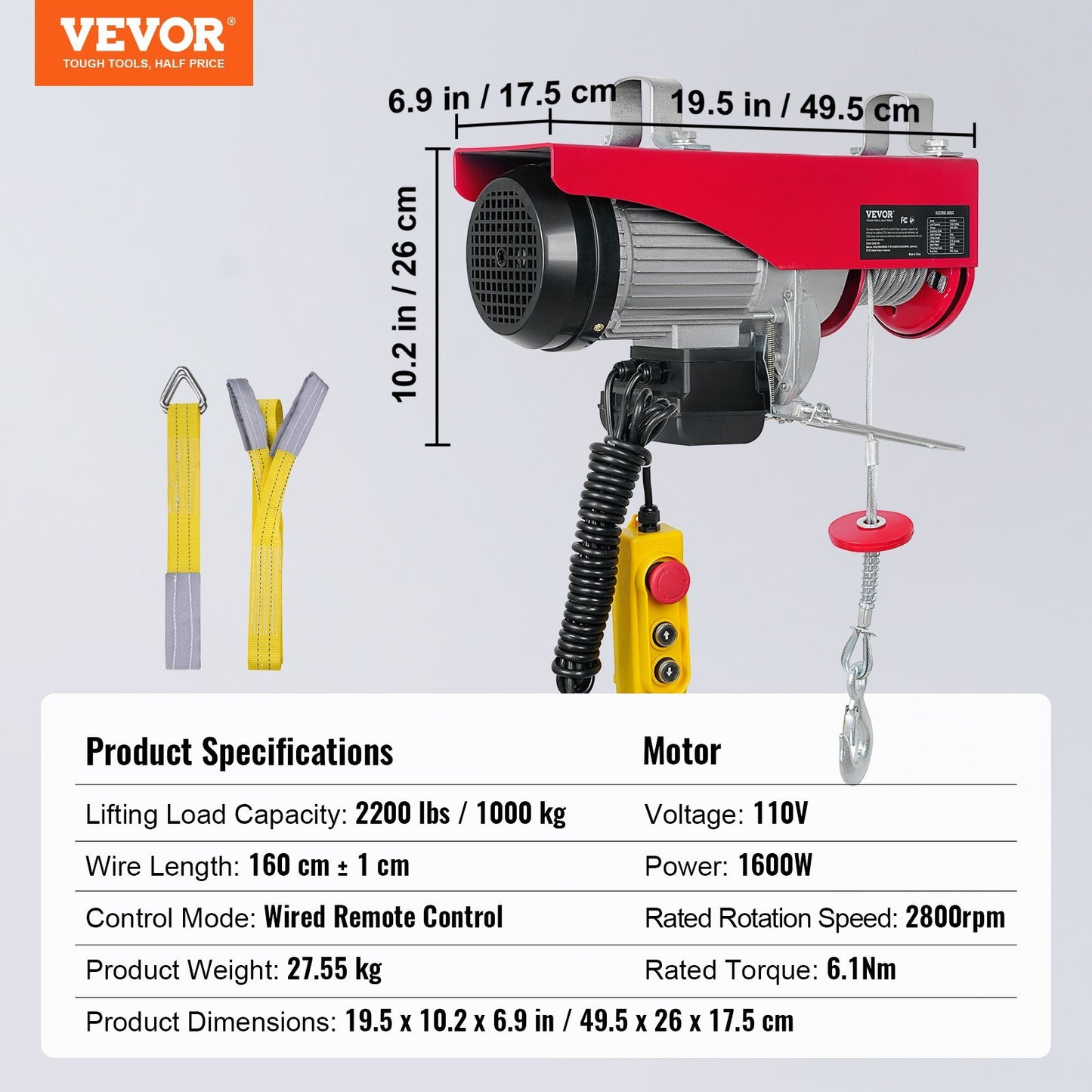 VEVOR 2200 Lbs Attic Lift, 1600W 110V Electric Hoist With 14ft Wired Remote Control, 40ft Single Cable Lifting Height & Pure Copper Motor, For Garage Warehouse Factory