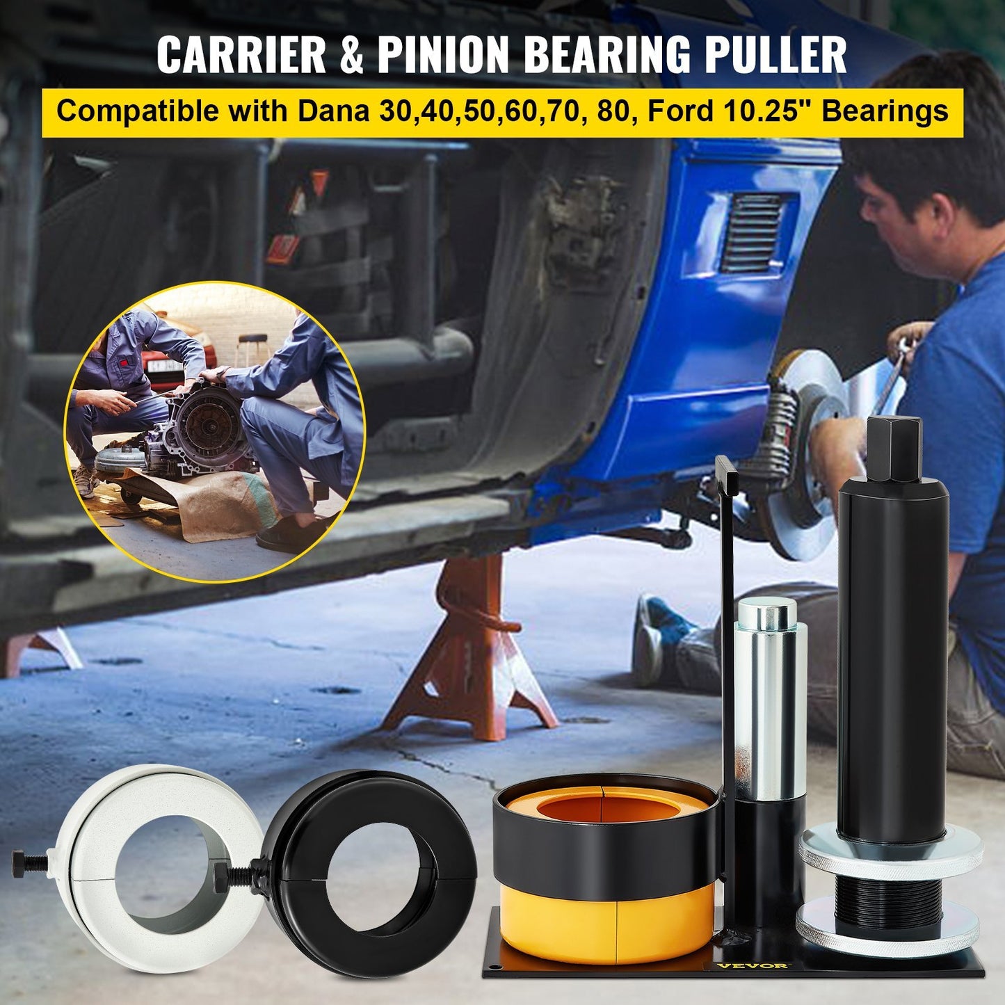 VEVOR Carrier & Pinion Bearing Puller, Compatible With Dana 30,40,50,60,70, 80, Ford 10.25Bearings, Pinion Puller Tool With 3 Clamshells, Steel Clamshell Bearing Puller For Auto Repair
