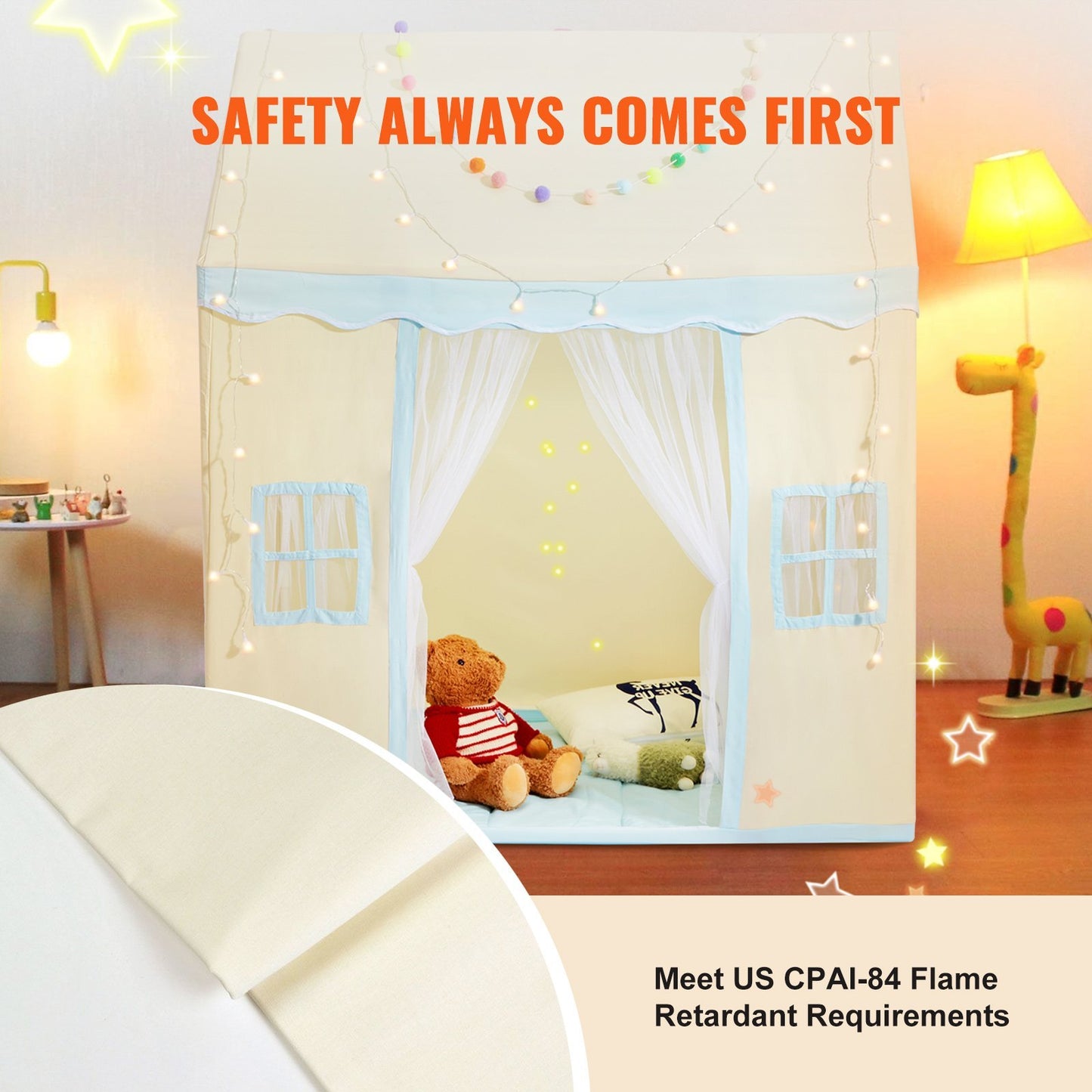 VEVOR Kids Play Tent, Kids Tent For Kids 1-5 Years Old, Toddler Tent With Mat And Tent Lamp, Tent For Kids With Windows For Indoor And Outdoor, Play House Castle Tent For Boys And Girls, Beige