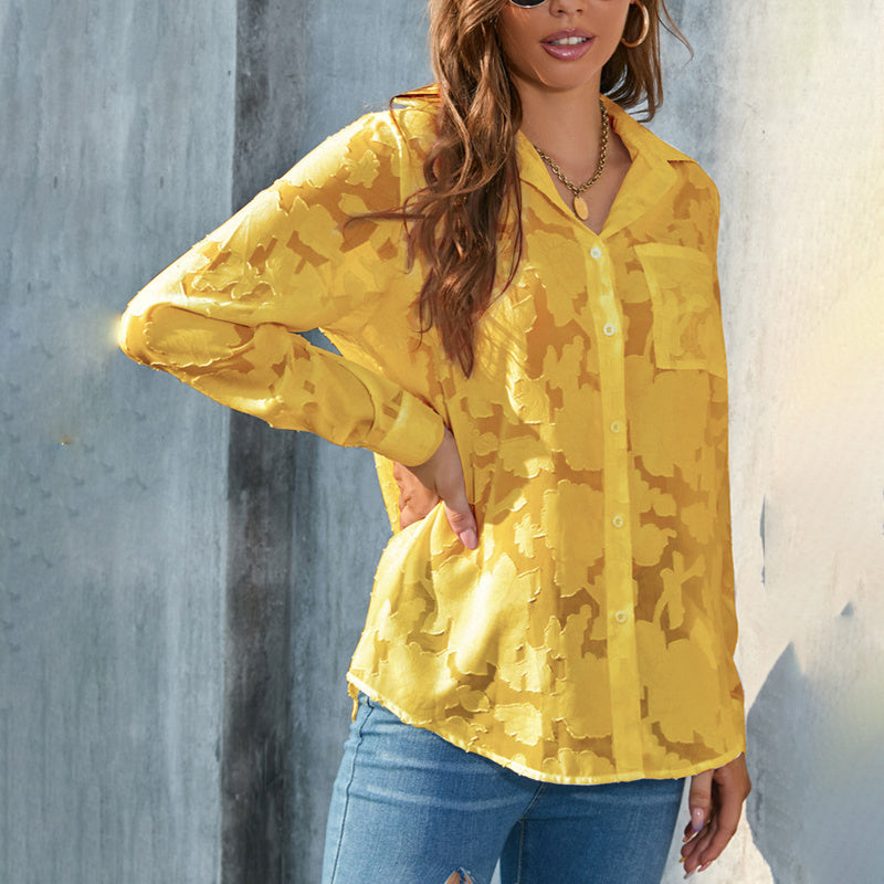 Women's Casual Sheer Button Down Shirt Long Sleeve V Neck Jacquard Blouse Top