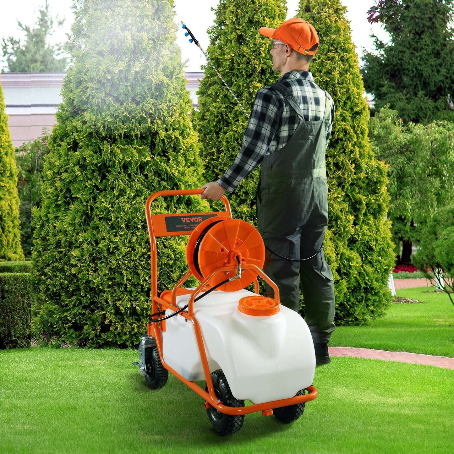 VEVOR Battery Powered Lawn Sprayer On Wheel, 0-90 PSI Adjustable Pressure, 15 Gallon Tank, Cart Sprayer With 8 Nozzles And 2 Wands, 12V 12Ah Battery, Wide Mouth Lid For Weeding, Spraying