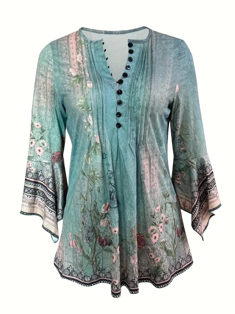 Spring Summer New Printed Studded T-shirt Irregular Three-quarter Sleeve Top
