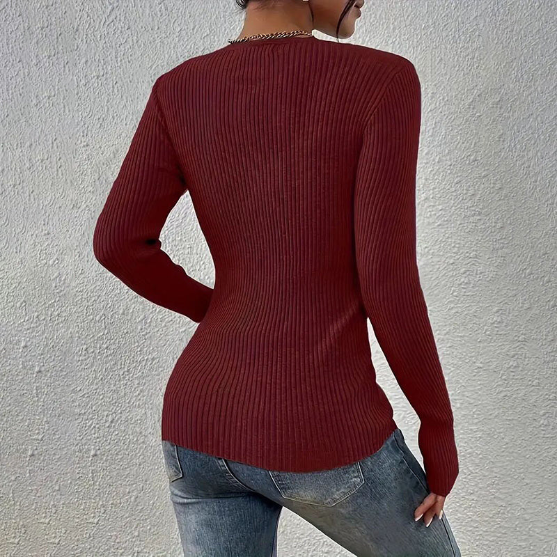 Women's Elegant V-Neck Button Detail Knit Sweater - Long Sleeve Solid Color Casual Pullover