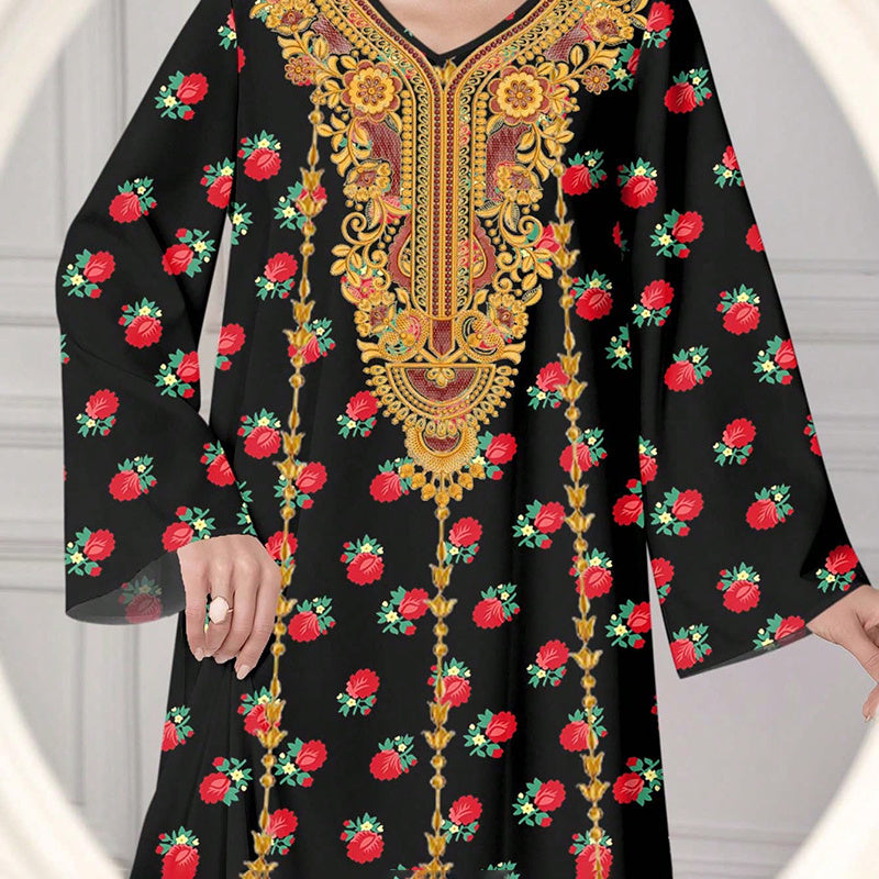 Women's Plus Size Ethnic Maxi Dress - Bohemian Embroidered Floral Print V-Neck Retro Long