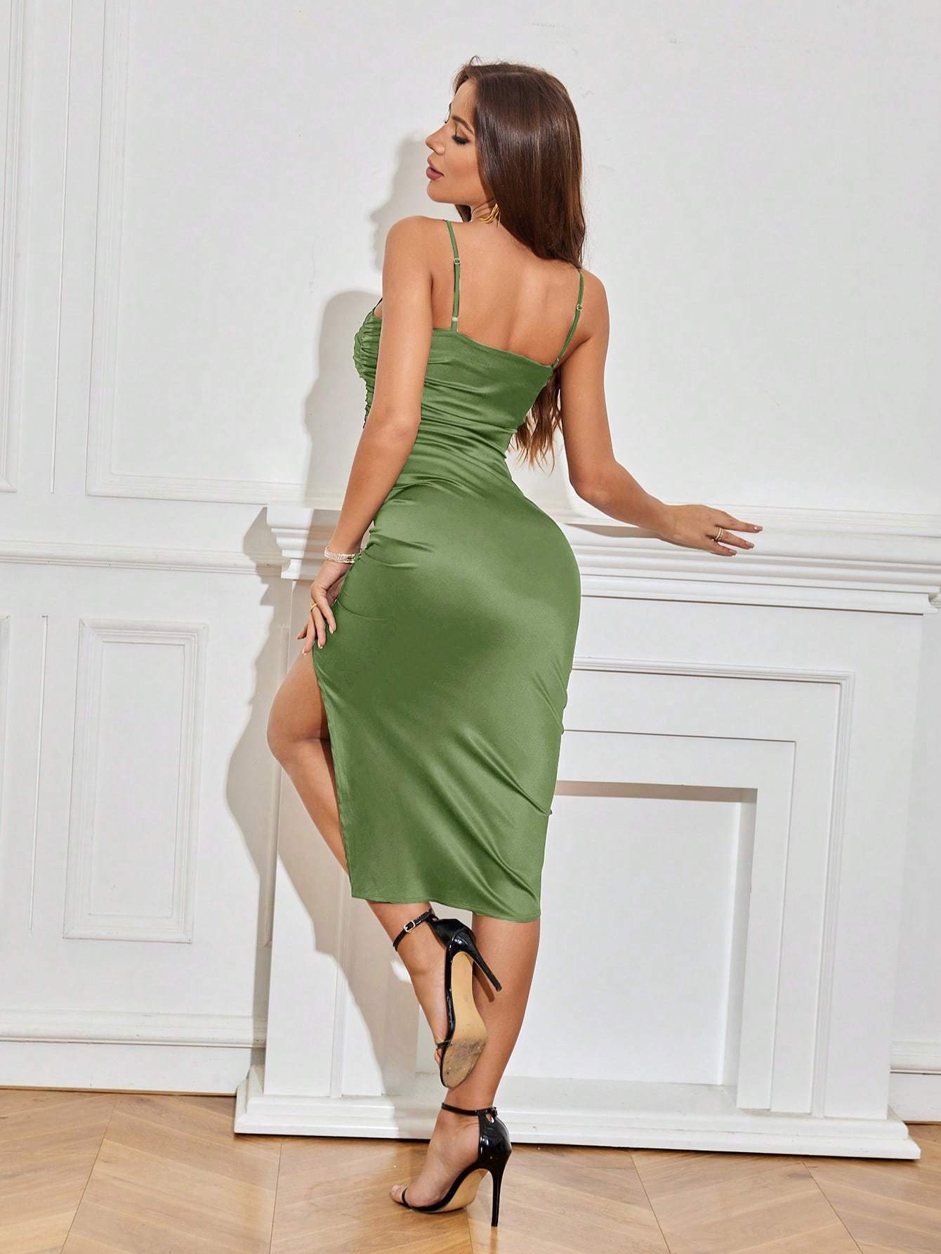 Solid Color Bodycon Slit Cami Dress