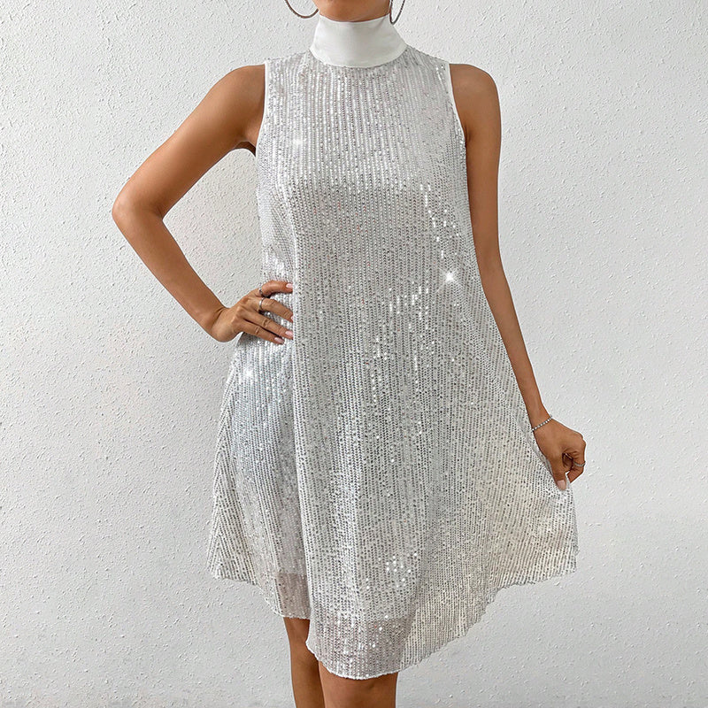 Women's Sparkly Sequin Sleeveless Mock Neck Dress Glittery Dress