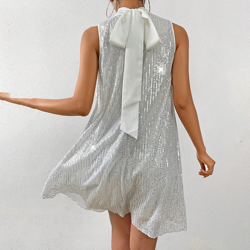 Women's Sparkly Sequin Sleeveless Mock Neck Dress Glittery Dress