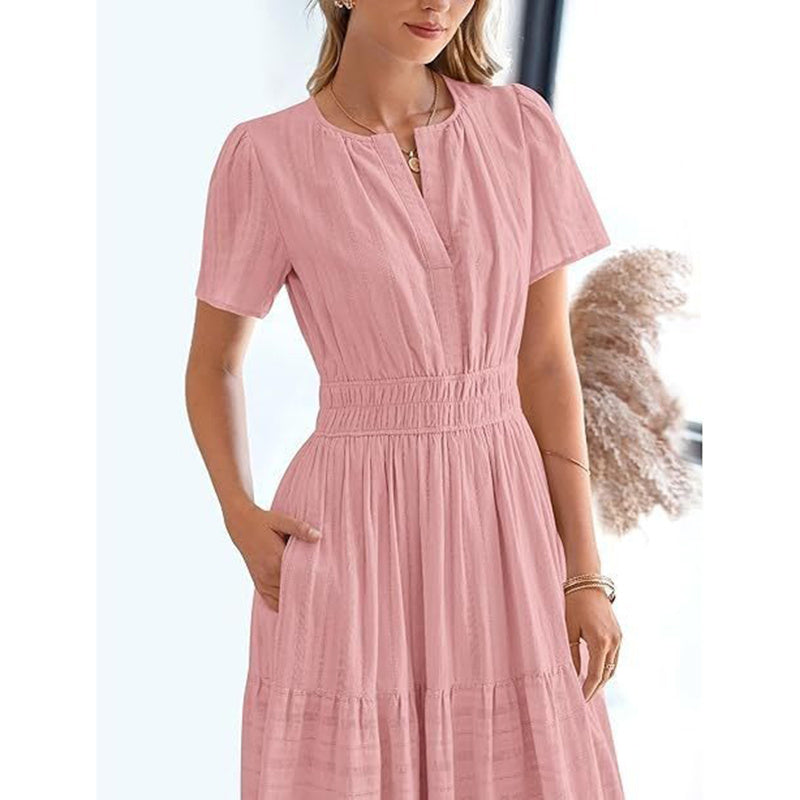 Summer Short Sleeve V Neck Swing Dress Flowy Pleated Tiered Maxi Beach Sundress
