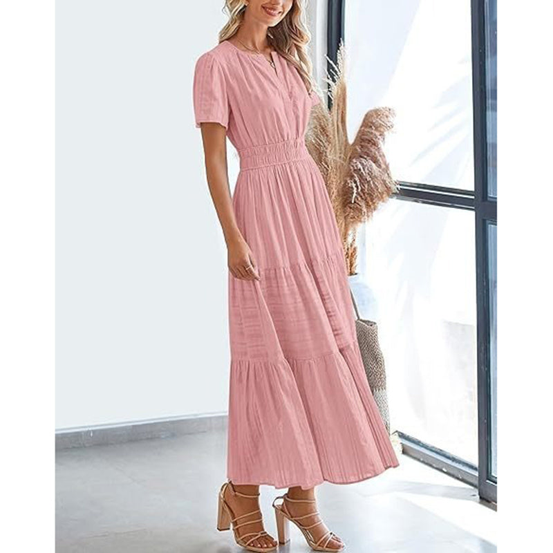 Summer Short Sleeve V Neck Swing Dress Flowy Pleated Tiered Maxi Beach Sundress