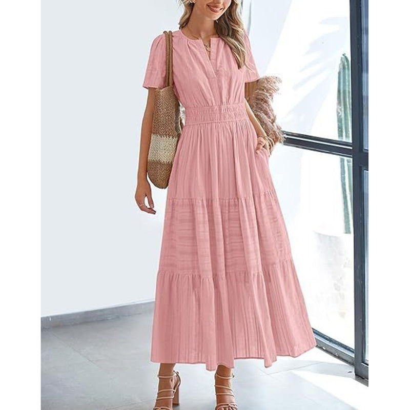 Summer Short Sleeve V Neck Swing Dress Flowy Pleated Tiered Maxi Beach Sundress