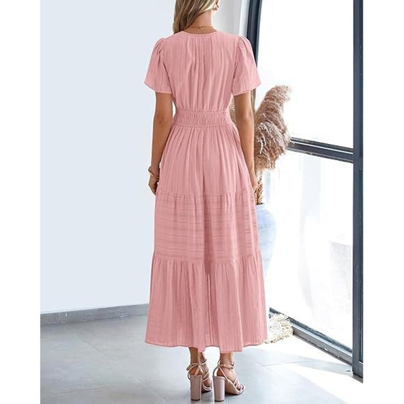 Summer Short Sleeve V Neck Swing Dress Flowy Pleated Tiered Maxi Beach Sundress
