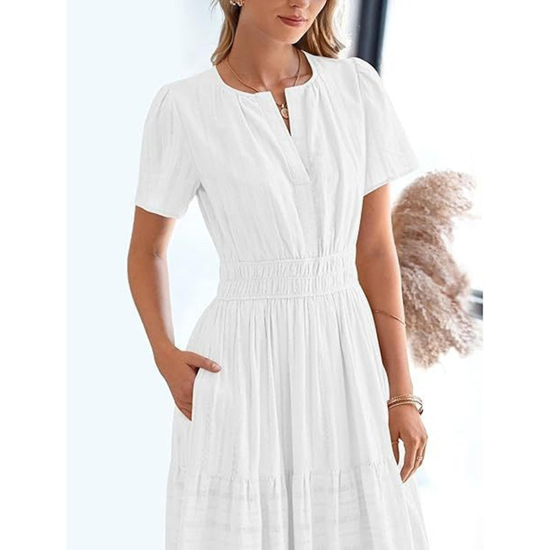 Summer Short Sleeve V Neck Swing Dress Flowy Pleated Tiered Maxi Beach Sundress
