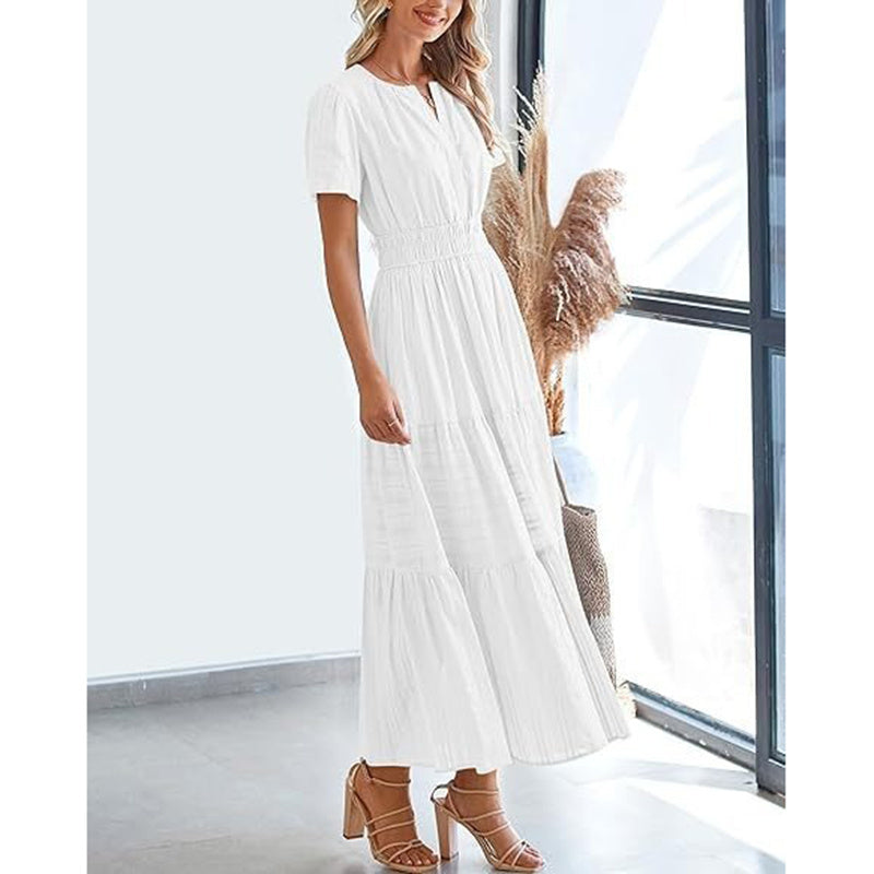 Summer Short Sleeve V Neck Swing Dress Flowy Pleated Tiered Maxi Beach Sundress