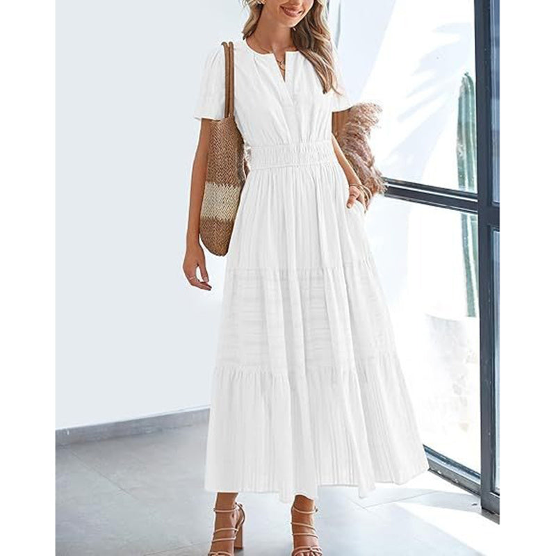 Summer Short Sleeve V Neck Swing Dress Flowy Pleated Tiered Maxi Beach Sundress