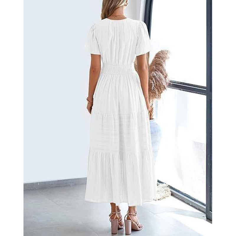 Summer Short Sleeve V Neck Swing Dress Flowy Pleated Tiered Maxi Beach Sundress