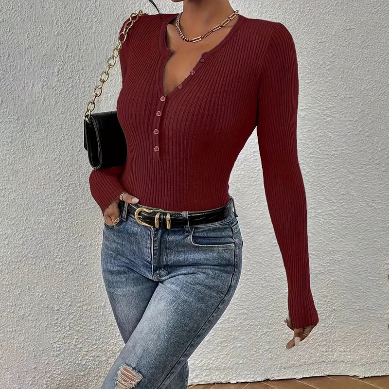 Women's Elegant V-Neck Button Detail Knit Sweater - Long Sleeve Solid Color Casual Pullover
